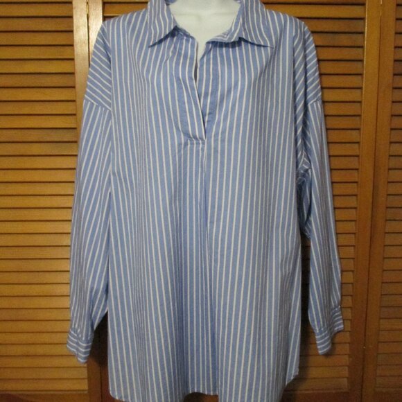 Talbots top NWOT 100% cotton blue & white stripe V neck tunic blouse size 2x - Picture 1 of 7